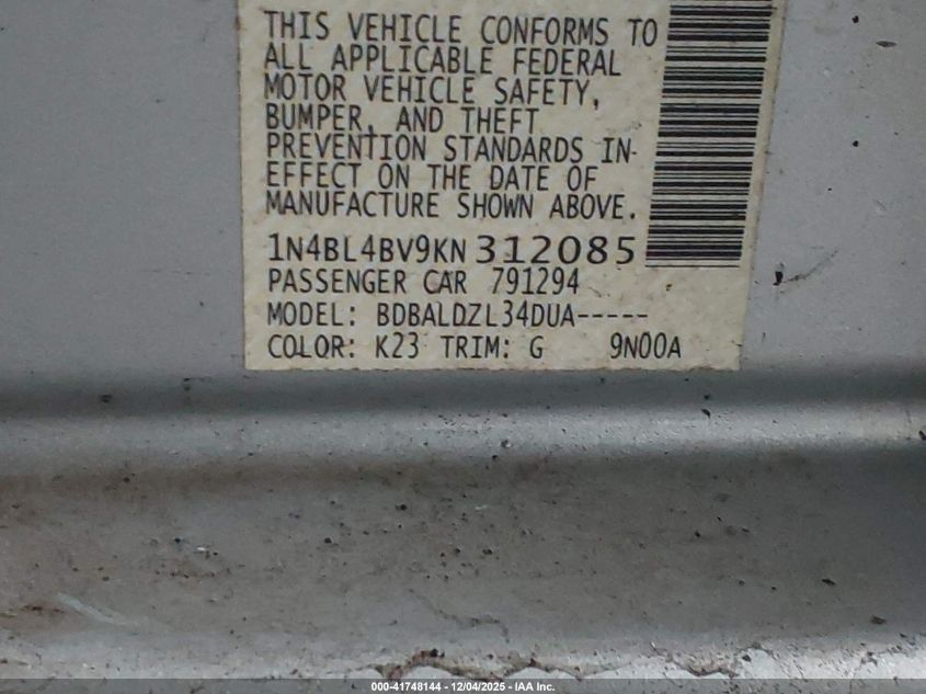 2019 Nissan Altima 2.5 S VIN: 1N4BL4BV9KN312085 Lot: 41748144