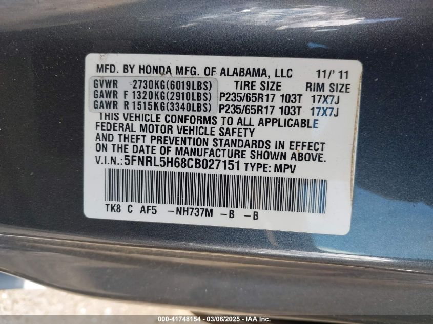 2012 Honda Odyssey Ex-L VIN: 5FNRL5H68CB027151 Lot: 41748154
