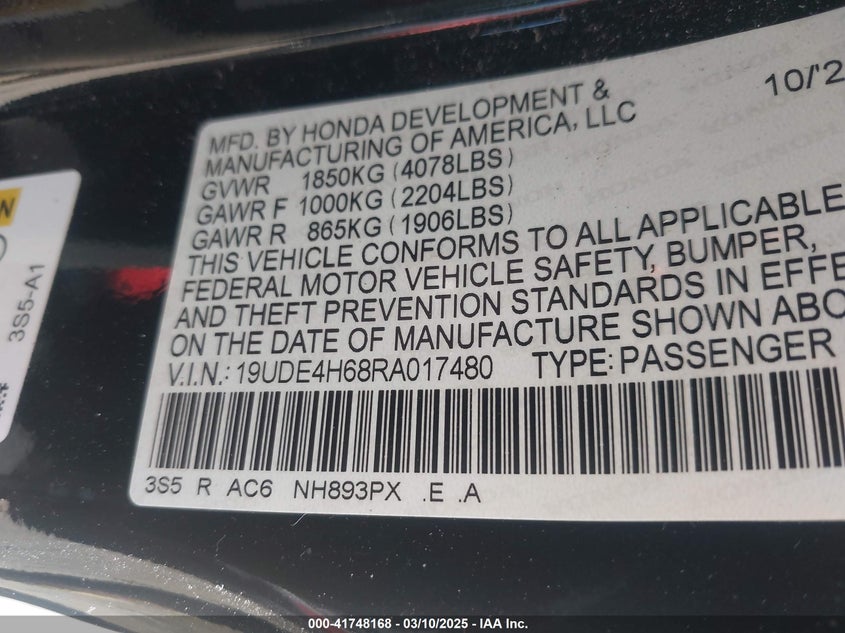 2024 ACURA INTEGRA VIN: 19UDE4H68RA017480