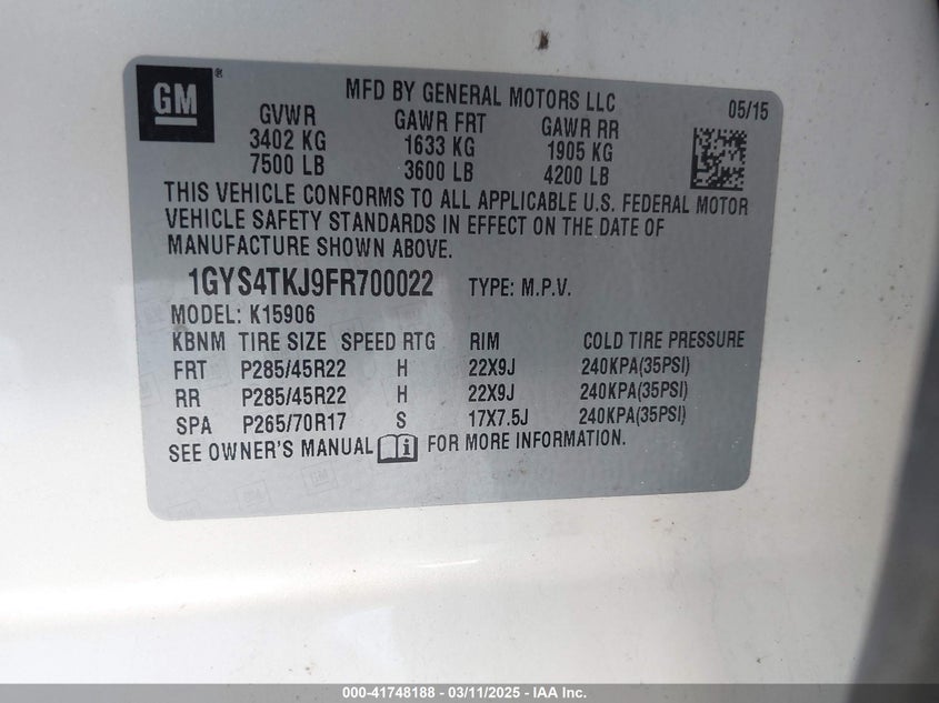 2015 CADILLAC ESCALADE ESV PREMIUM - 1GYS4TKJ9FR700022