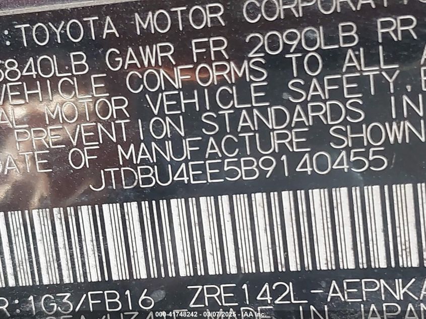 2011 Toyota Corolla Le VIN: JTDBU4EE5B9140455 Lot: 41748242