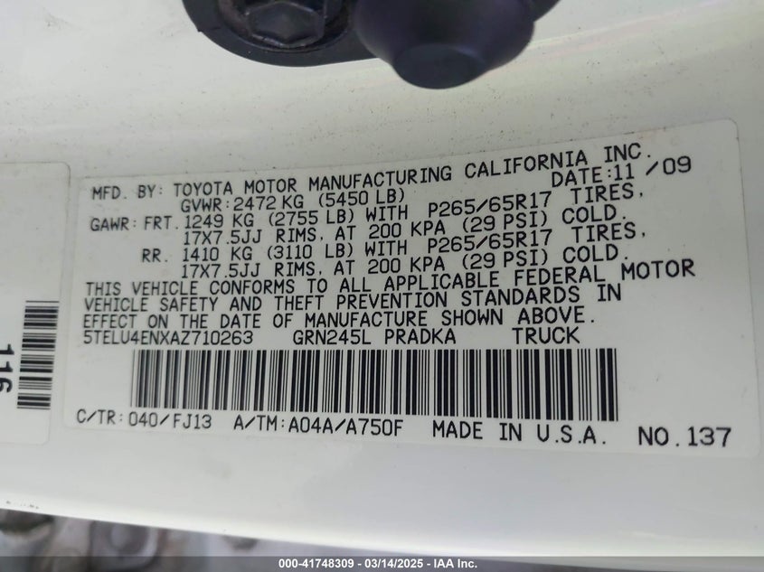 2010 TOYOTA TACOMA VIN: 5TELU4ENXAZ710263