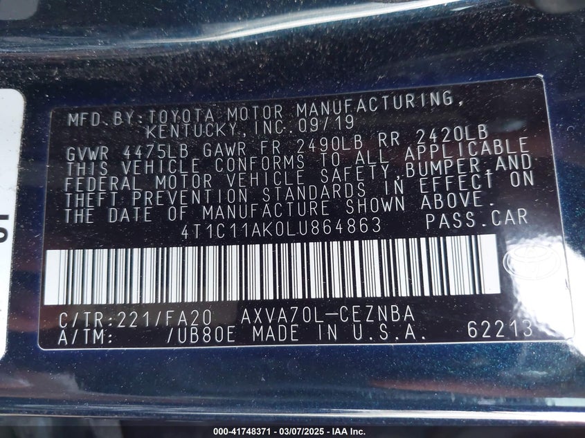 2020 TOYOTA CAMRY VIN: 4T1C11AK0LU864863