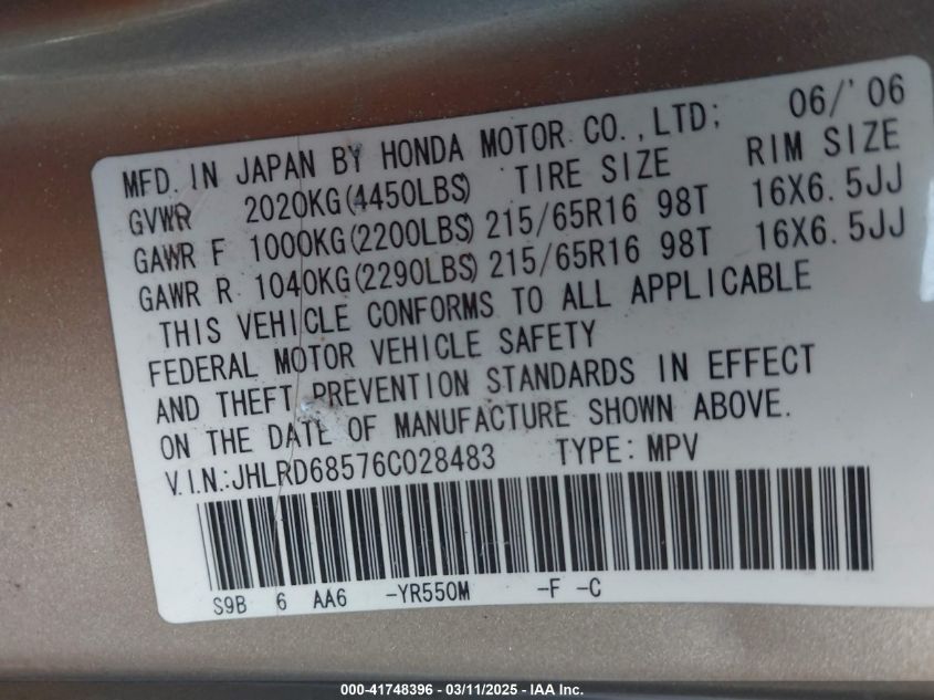 2006 Honda Cr-V Lx VIN: JHLRD68576C028483 Lot: 41748396