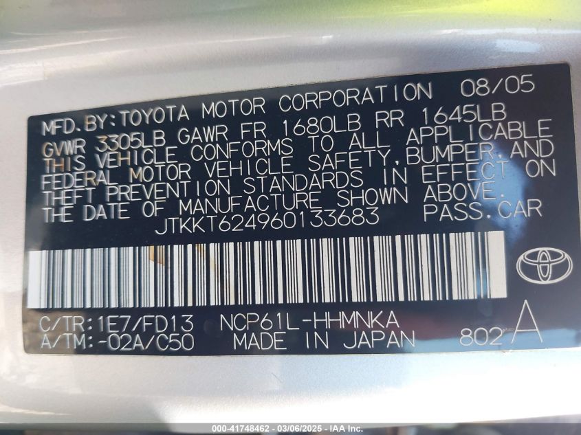 2006 Scion Xa VIN: JTKKT624960133683 Lot: 41748462