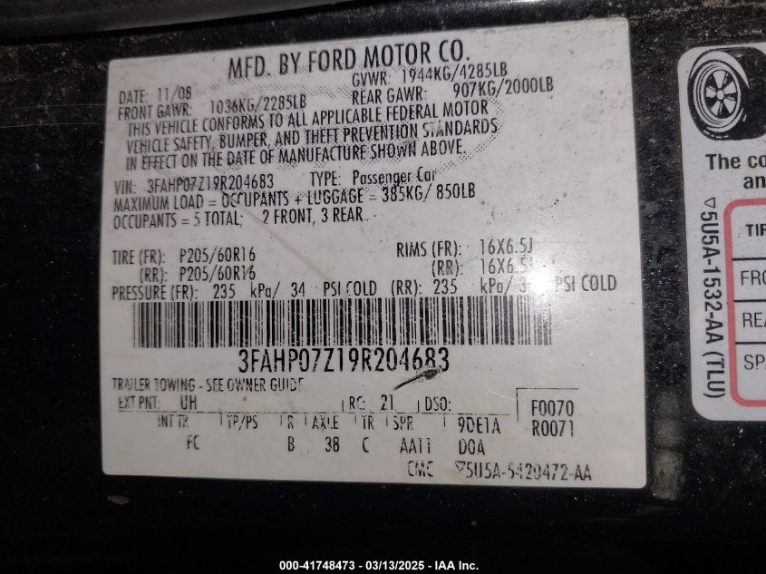 2009 Ford Fusion Se VIN: 3FAHP07Z19R204683 Lot: 41748473
