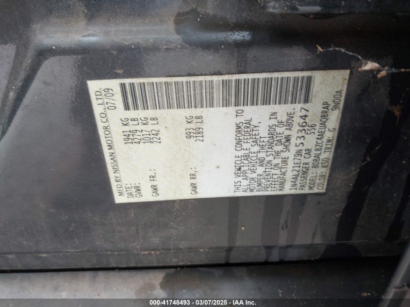 2009 Nissan Altima 2.5 S VIN: 1N4AL21E79N533647 Lot: 41748493