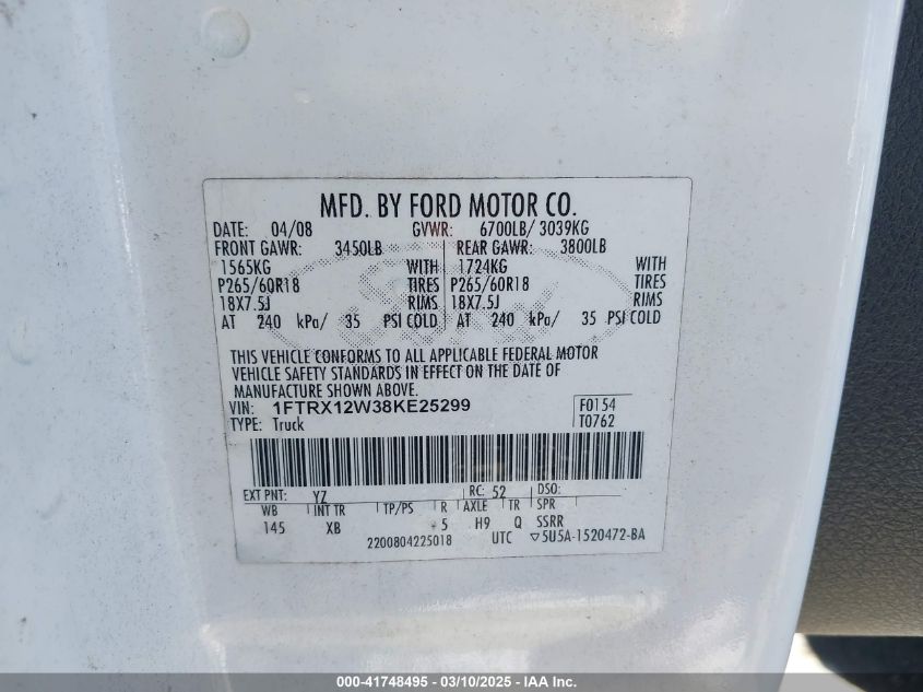 2008 Ford F-150 Fx2/Stx/Xl/Xlt VIN: 1FTRX12W38KE25299 Lot: 41748495