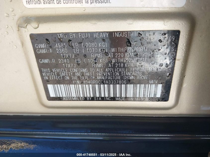 2010 Subaru Outback 2.5I Premium VIN: 4S4BRBCC1A3337806 Lot: 41748551