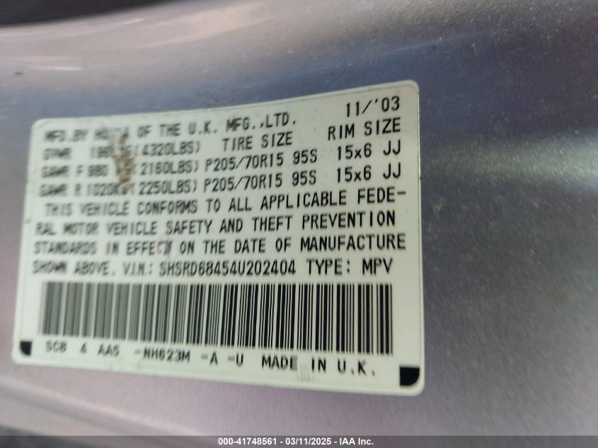 2004 Honda Cr-V Lx VIN: SHSRD68454U202404 Lot: 41748561