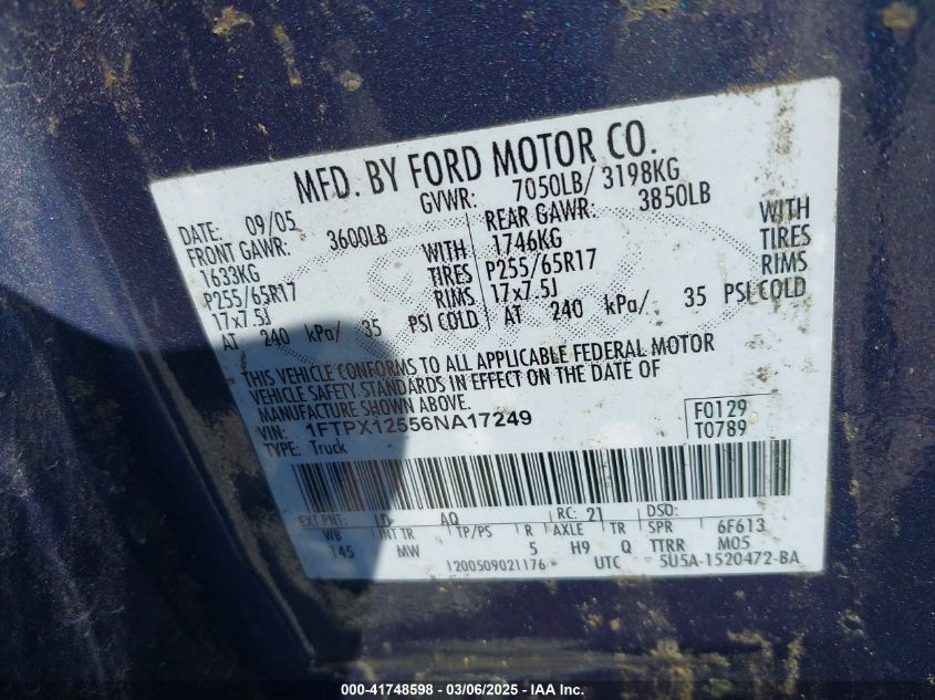 2006 Ford F-150 Lariat/Xl/Xlt VIN: 1FTPX12556NA17249 Lot: 41748598