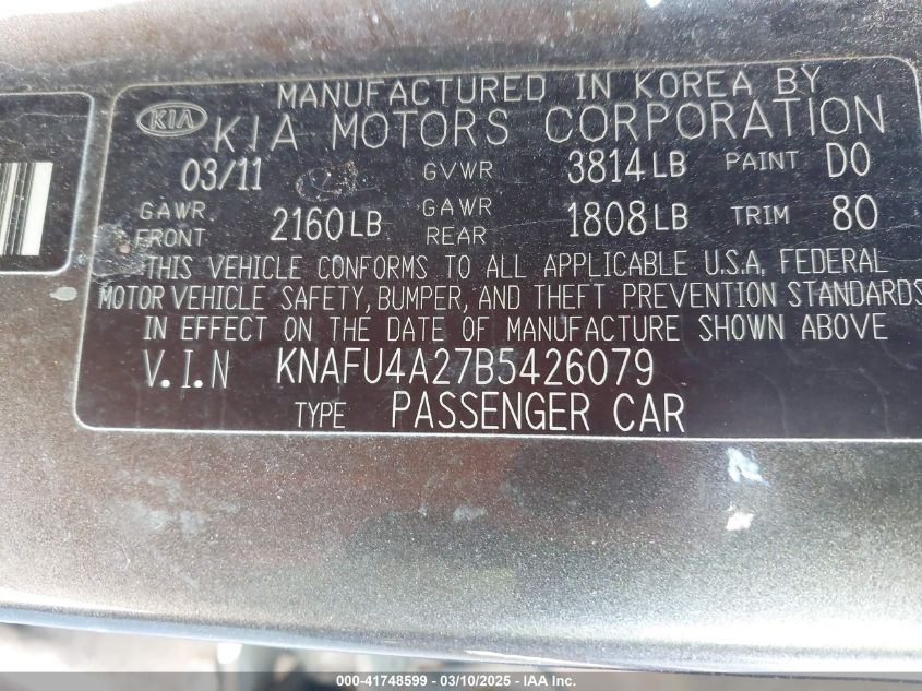 2011 Kia Forte Ex VIN: KNAFU5A27B5426079 Lot: 41748599