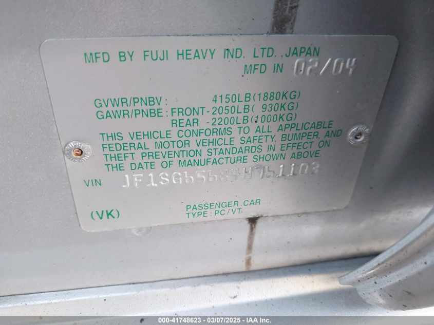 2004 Subaru Forester 2.5Xs VIN: JF1SG65684H761103 Lot: 41748623