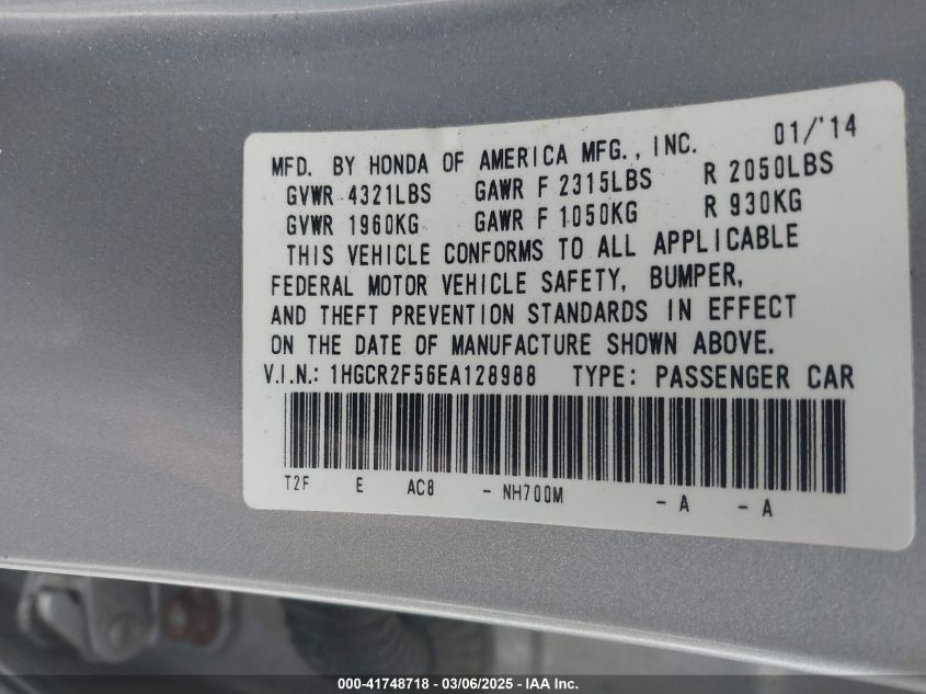 2014 Honda Accord Sport VIN: 1HGCR2F56EA128988 Lot: 41748718