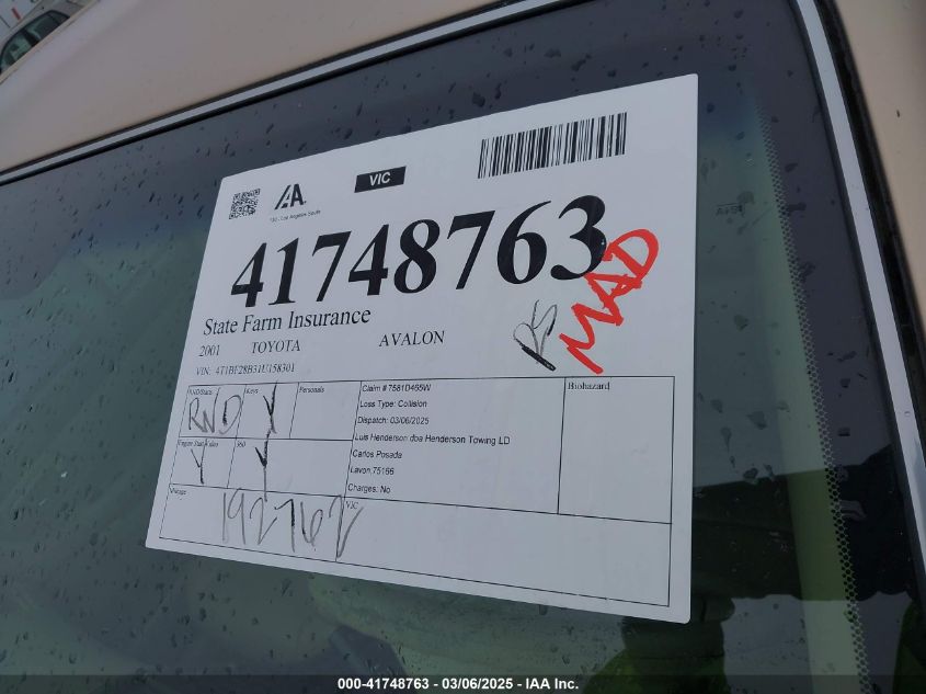 2001 Toyota Avalon Xl VIN: 4T1BF28B31U158301 Lot: 41748763
