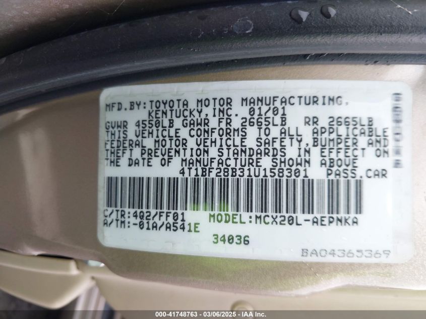 2001 Toyota Avalon Xl VIN: 4T1BF28B31U158301 Lot: 41748763