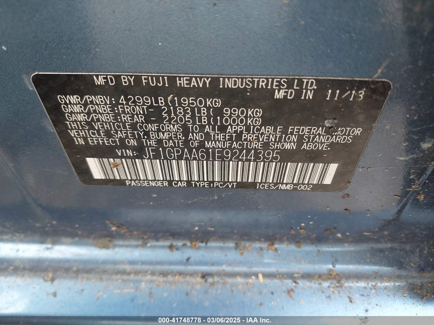 2014 SUBARU IMPREZA VIN: JF1GPAA61E9244395