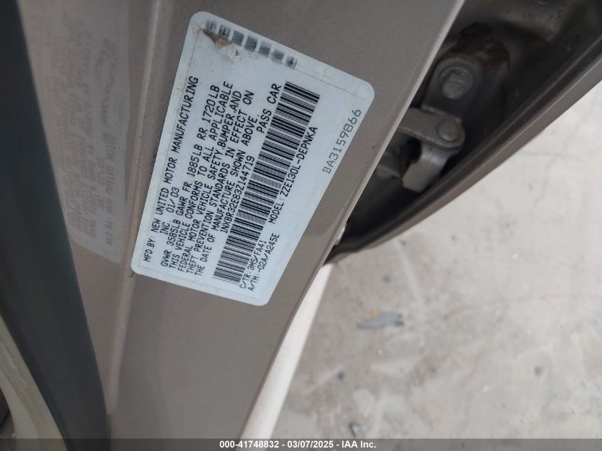 2003 Toyota Corolla Le VIN: 1NXBR32E83Z144719 Lot: 41748832