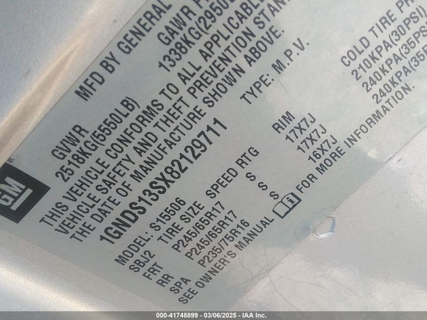 2008 Chevrolet Trailblazer Lt VIN: 1GNDS13SX82129711 Lot: 41748899