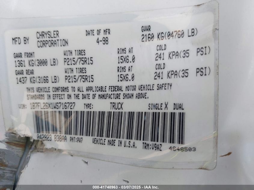 1998 Dodge Dakota Slt/Sport VIN: 1B7FL26X1WS716727 Lot: 41748963