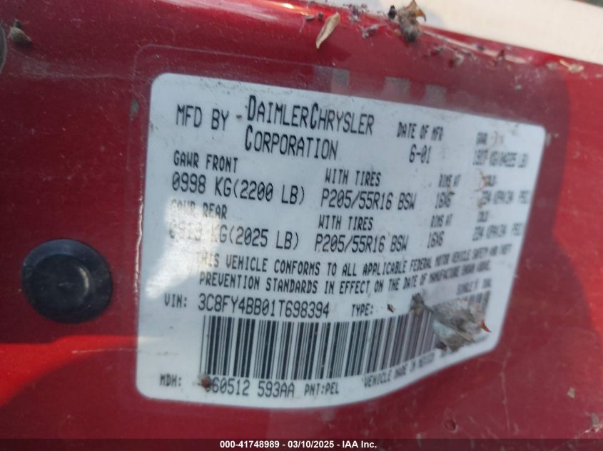 2001 Chrysler Pt Cruiser VIN: 3C8FY4CC01T698394 Lot: 41748989