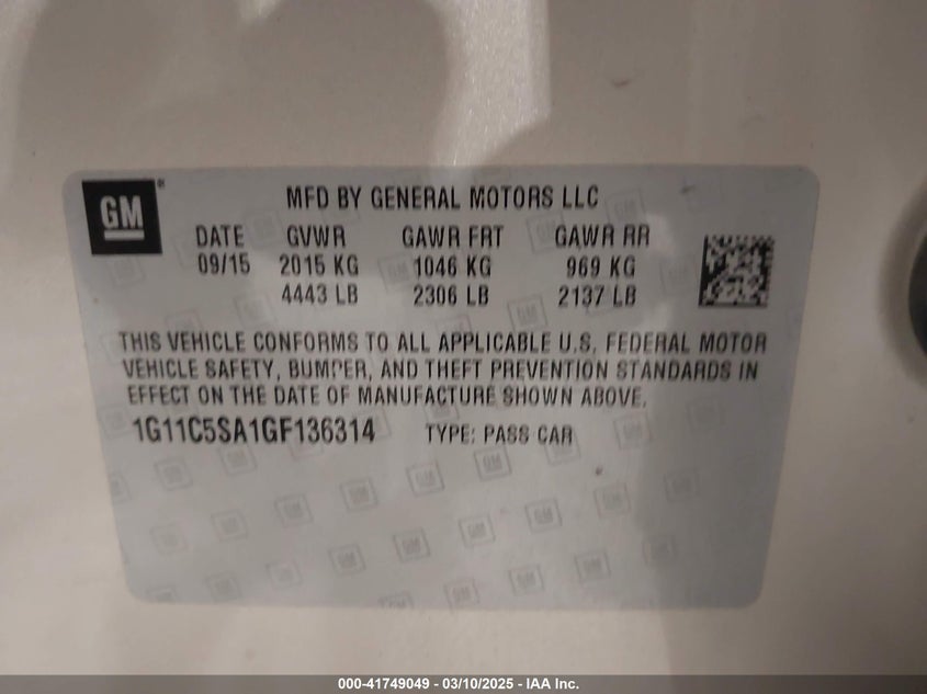 2016 CHEVROLET MALIBU LIMITED VIN: 1G11C5SA1GF136314