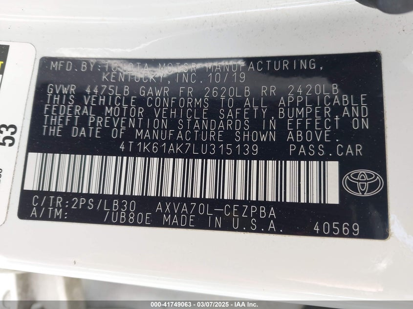 2020 TOYOTA CAMRY VIN: 4T1K61AK7LU315139