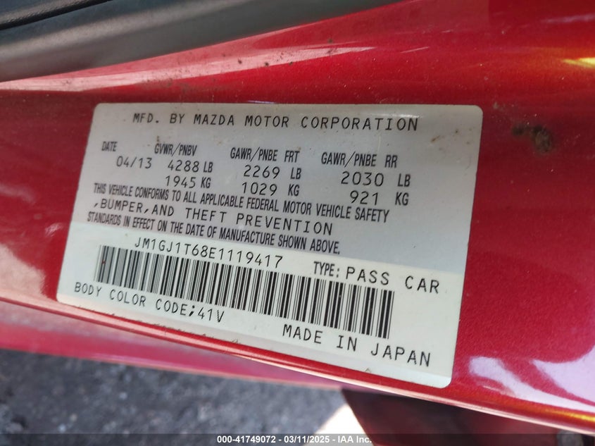 2014 MAZDA 6 VIN: JM1GJ1T68E1119417