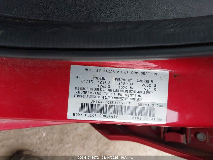 2014 Mazda Mazda6 I Touring VIN: JM1GJ1T68E1119417 Lot: 41749072
