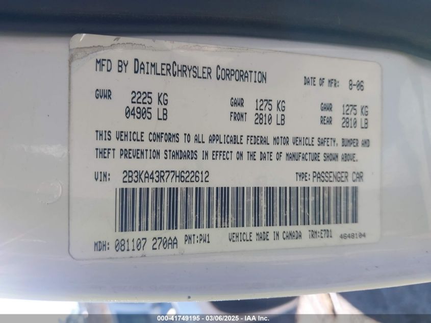 2007 Dodge Charger VIN: 2B3KA43R77H622612 Lot: 41749195