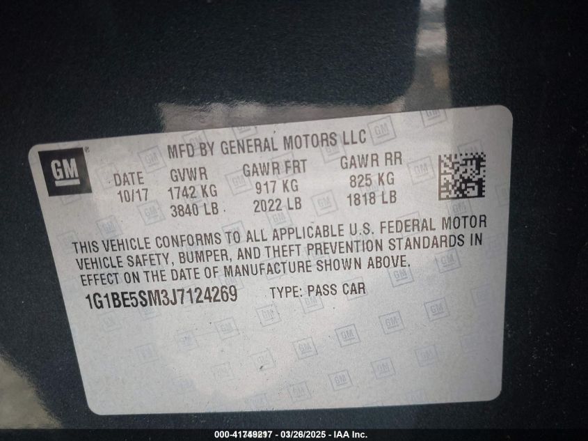 2018 Chevrolet Cruze Lt Auto VIN: 1G1BE5SM3J7124269 Lot: 41749217