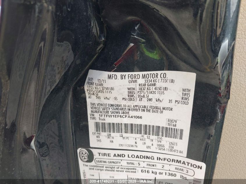 2012 Ford F-150 Lariat VIN: 1FTFW1EF6CFA41066 Lot: 41749231