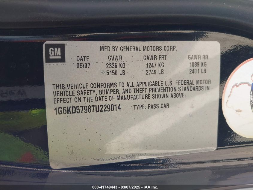 2007 Cadillac Dts Performance VIN: 1G6KD57987U229014 Lot: 41749443