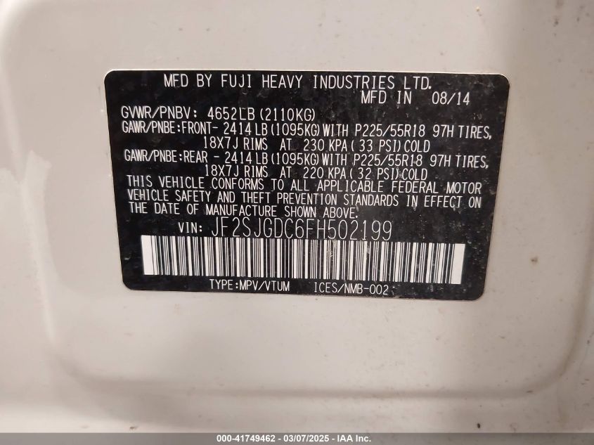 2015 Subaru Forester 2.0Xt Premium VIN: JF2SJGDC6FH502199 Lot: 41749462