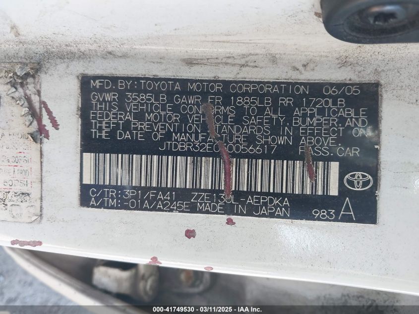 2005 Toyota Corolla Ce VIN: JTDBR32E050056617 Lot: 41749530