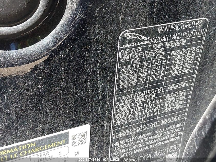 2020 Jaguar F-Pace Premium P250 Awd Automatic VIN: SADCJ2FX2LA621639 Lot: 41749710