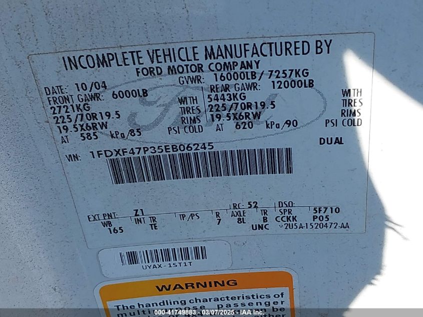 2005 Ford F-450 Xl/Xlt VIN: 1FDXF47P35EB06245 Lot: 41749883