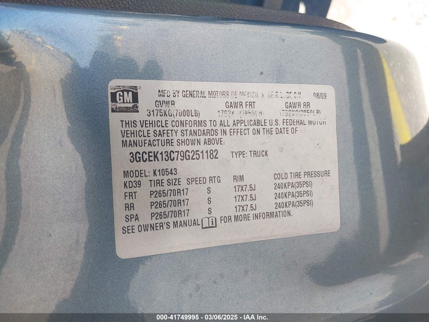 2009 CHEVROLET SILVERADO 1500 VIN: 3GCEK13C79G251182