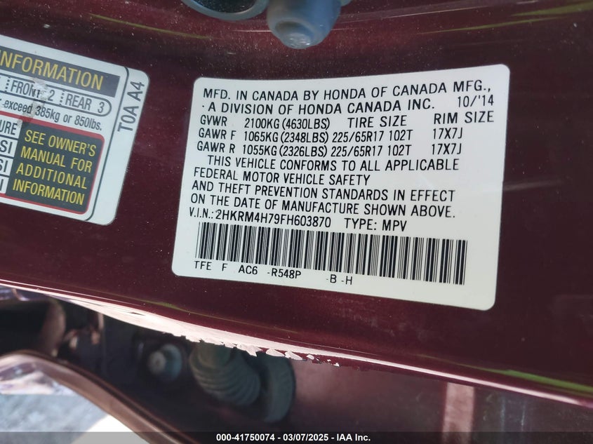 2015 HONDA CR-V EX-L - 2HKRM4H79FH603870