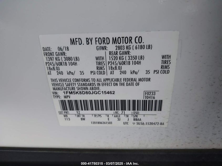 2018 FORD EXPLORER VIN: 1FM5K8D80JGC15462