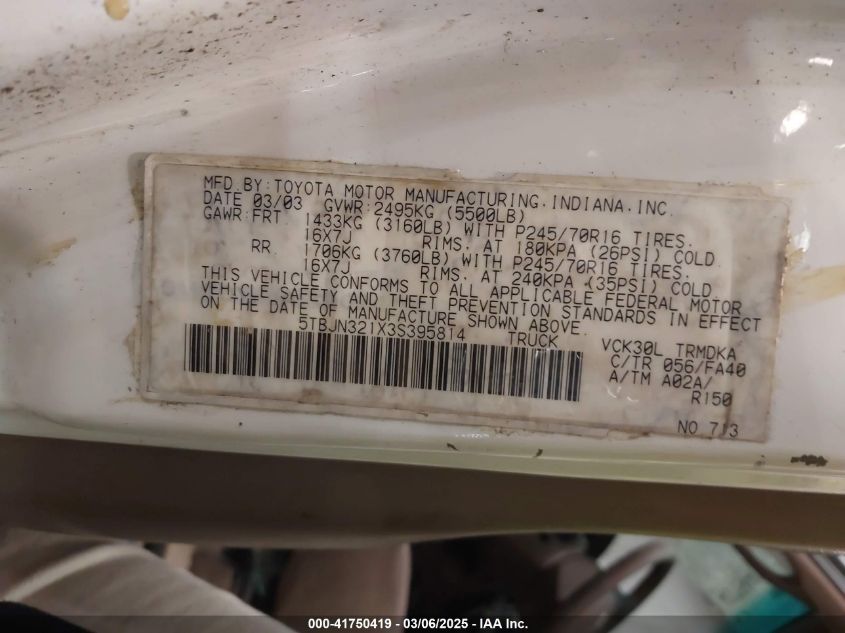 2003 Toyota Tundra VIN: 5TBJN321X3S395814 Lot: 41750419