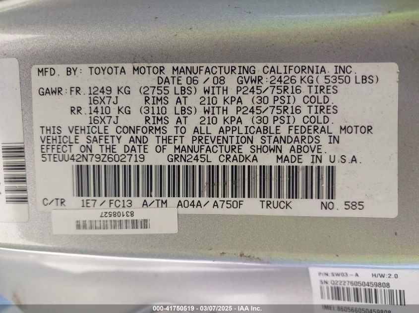 2009 Toyota Tacoma Base V6 VIN: 5TEUU42N79Z602719 Lot: 41750519