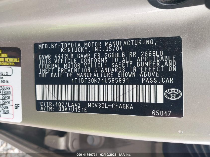 2004 Toyota Camry Xle V6 VIN: 4T1BF30K74U585891 Lot: 41750734