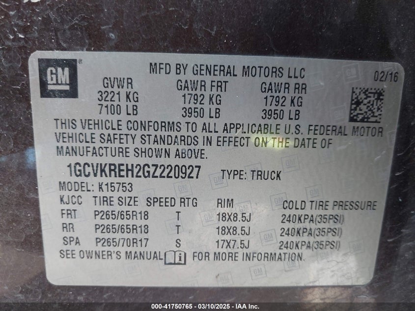 2016 CHEVROLET SILVERADO 1500 VIN: 1GCVKREH2GZ220927