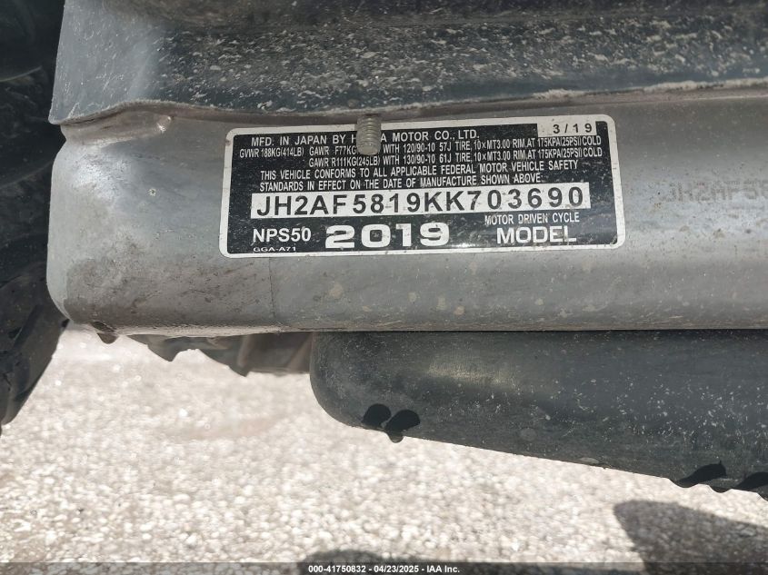 2019 Honda Nps50 VIN: JH2AF5819KK203690 Lot: 41750832