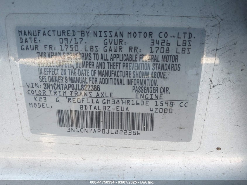 2018 NISSAN VERSA 1.6 SV - 3N1CN7AP0JL822386