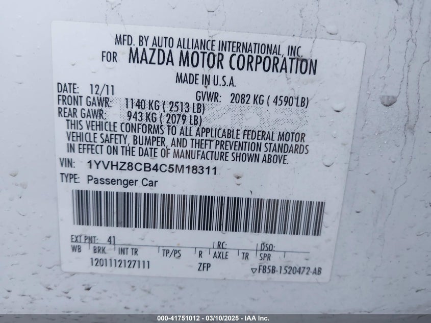 2012 MAZDA MAZDA6 VIN: 1YVHZ8CB4C5M18311