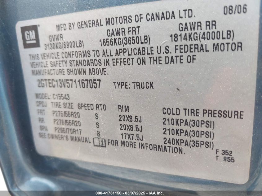 2007 GMC Sierra 1500 Classic Sl VIN: 2GTEC13V571167057 Lot: 41751150