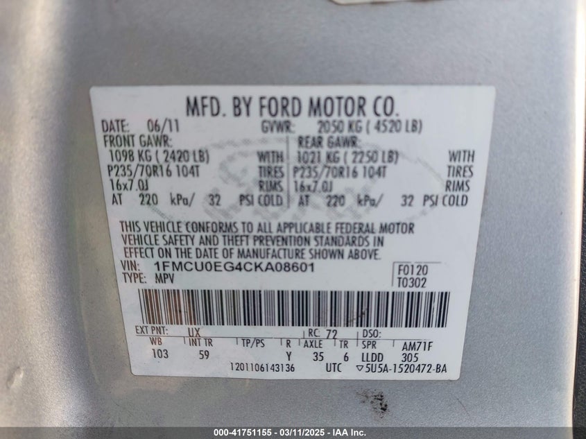 2012 FORD ESCAPE VIN: 1FMCU0EG4CKA08601