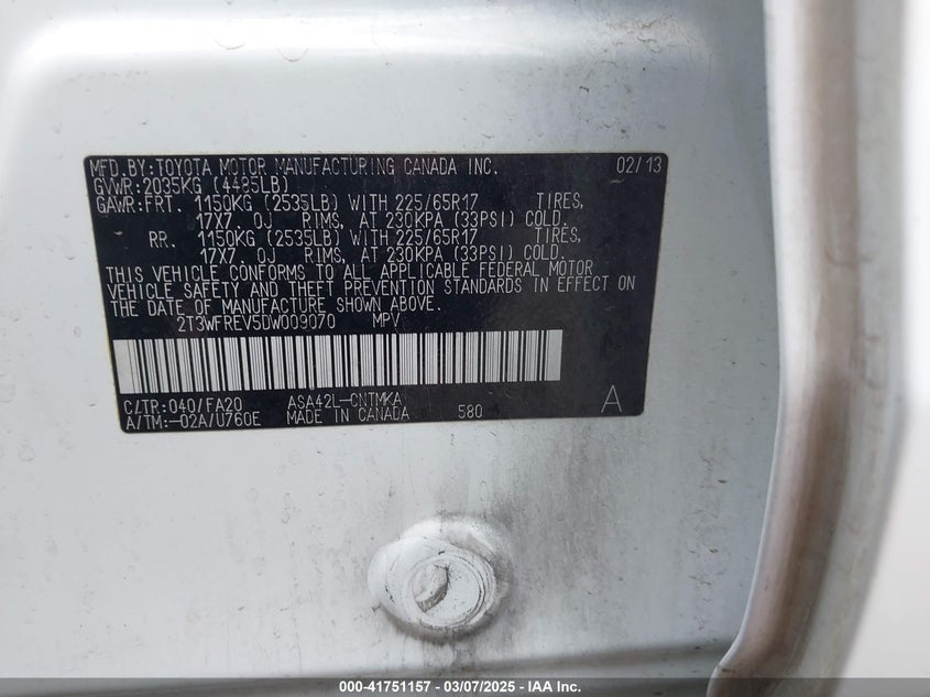 2013 TOYOTA RAV4 VIN: 2T3WFREV5DW009070